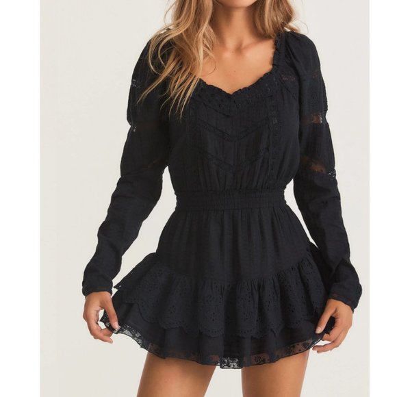 NWT LoveShackFancy Sanaya Lace-Trim Cotton black mini Dress M